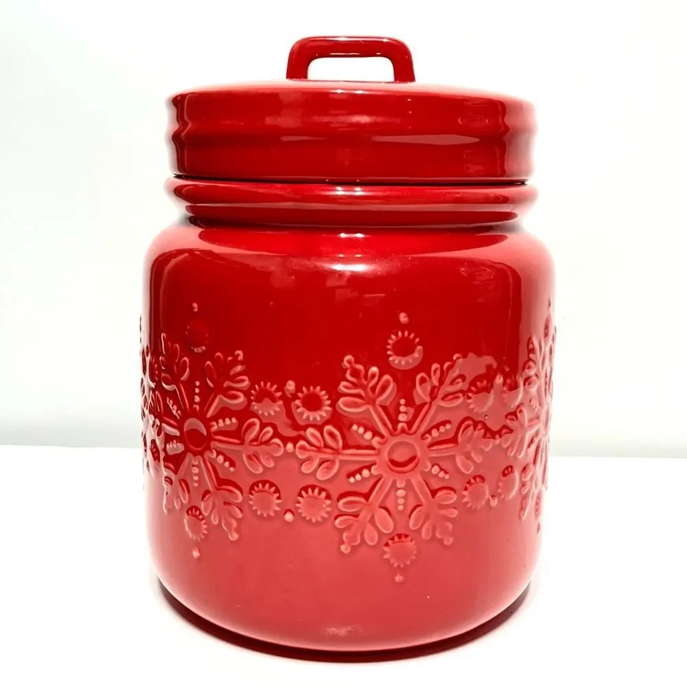 Crate & Barrel Glazed Snowflake Cookie Jar in Red